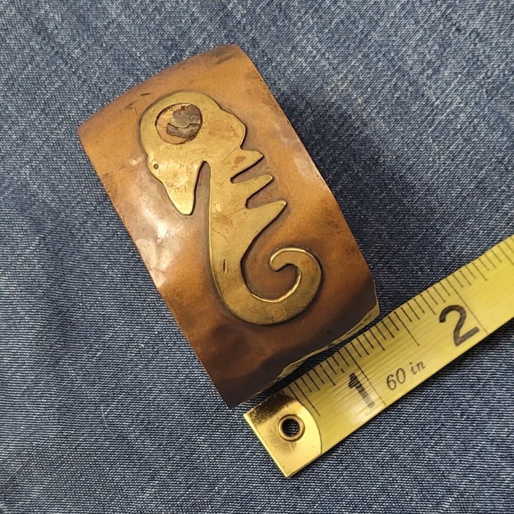 Primitive Seahorse Copper, Brass & Abalone Cuff Bracelet - Picture 5 of 8